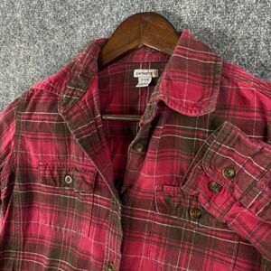 Carhartt Girls Flannel‎ Shirt Red Brown Plaid Long Sleeve Button Down Kids Small